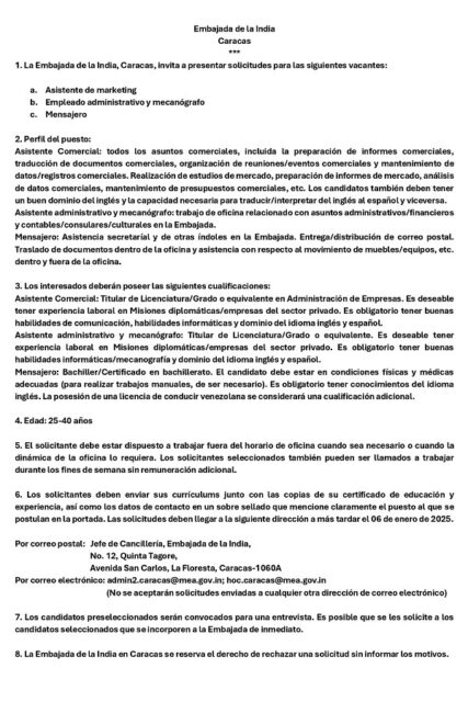 Oferta de Empleo Embajada de la India en Caracas