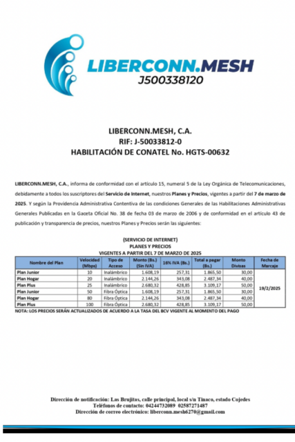 Comunicado Servicios de Internet Liberconn.mesh, C.A.