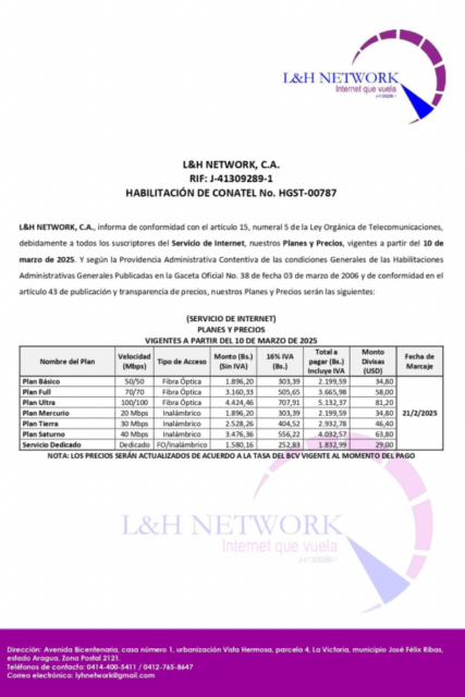 Comunicado Servicios de Internet L&H Network, C.A.