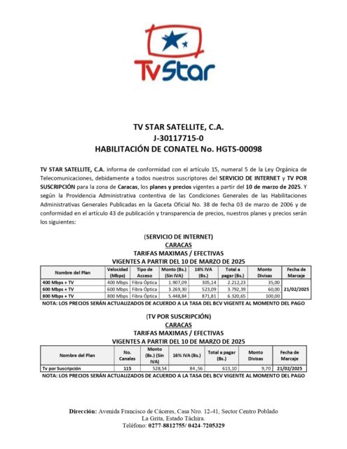 Comunicado Servicios de Internet TVStar Satellite, C.A.