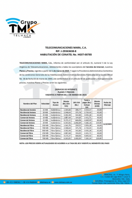 Comunicado Servicios de Internet Telecomunicaciones Mara, C.A.