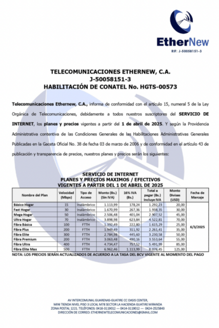 Comunicado Servicios de Internet Telecomunicaciones Ethernew, C.A.