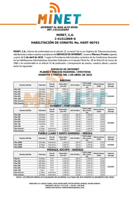 Comunicado Planes y Servicios de Internet Minet, C.A.