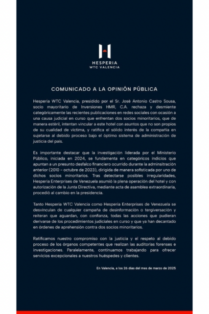 Comunicado Hesperia WTC Valencia