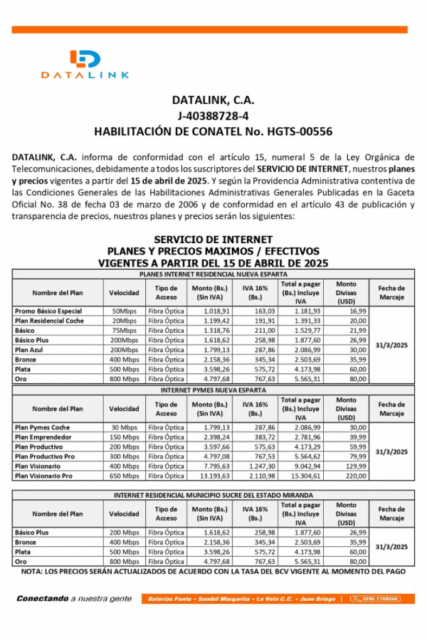 Comunicado Servicios de Internet Datalink, C.A.