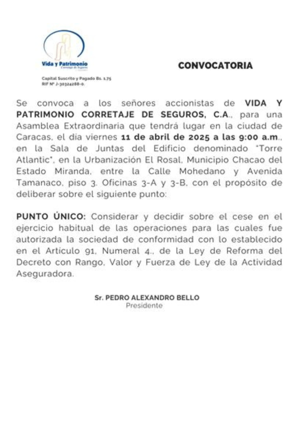 Convocatoria Asamblea Extraordinaria Vida y Patrimonio Corretaje de ...