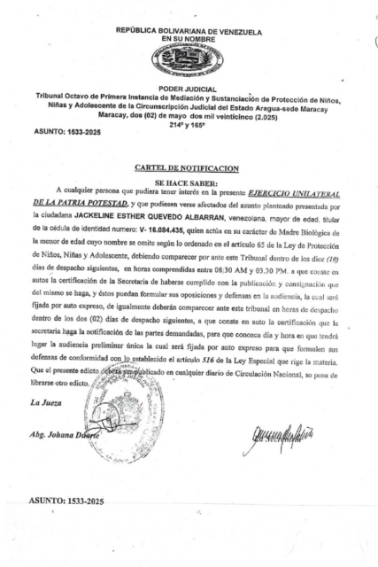 Cartel de Notificación Ejercicio Unilateral de la Patria Potestad Jackeline Esther Quevedo Albarran