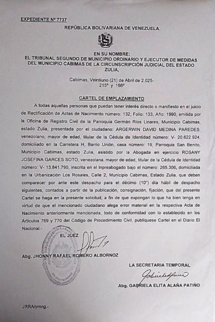 Cartel de Emplazamiento Argerwin David Medina Paredes