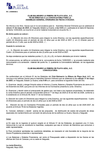 Fe de Errata a la Convocatoria Asamblea General Ordinaria de Socios Club Balneario La Ribera de Playa Azul, A.C., de Fecha 30/05/2025