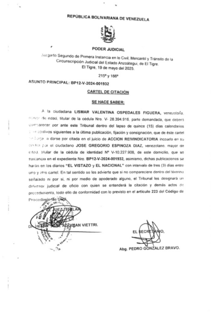 Cartel de Citación Acción Reivindicatoria Lismar Valentina Ospedales Figuera