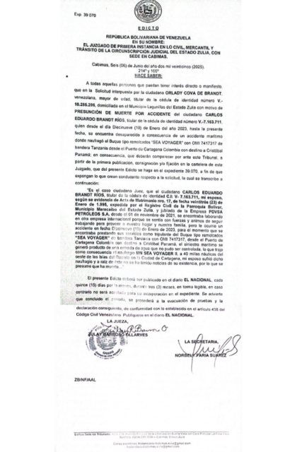 Edicto Presunción de Muerte por Accidente Orlady Cova de Brandt