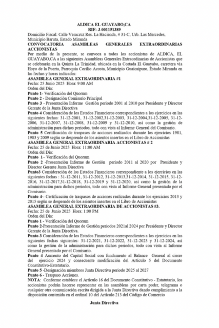 Convocatoria Asambleas Generales Extraordinarias de Accionistas Aldica El Guayabo, C.A.