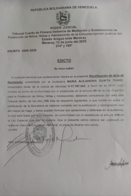 Edicto Rectificación de Acta de Nacimiento María Alejandra Guaita Tuare
