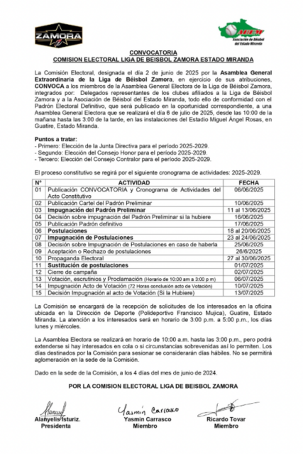 Convocatoria Asamblea General Extraordinaria Liga de Béisbol Zamora