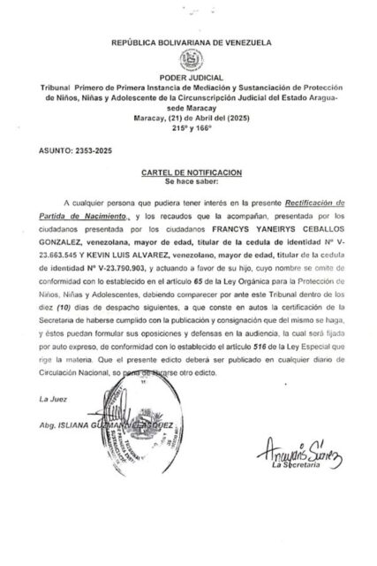 Cartel de Notificación Rectificación de Partida de Nacimiento Francys Yaneirys Ceballos González