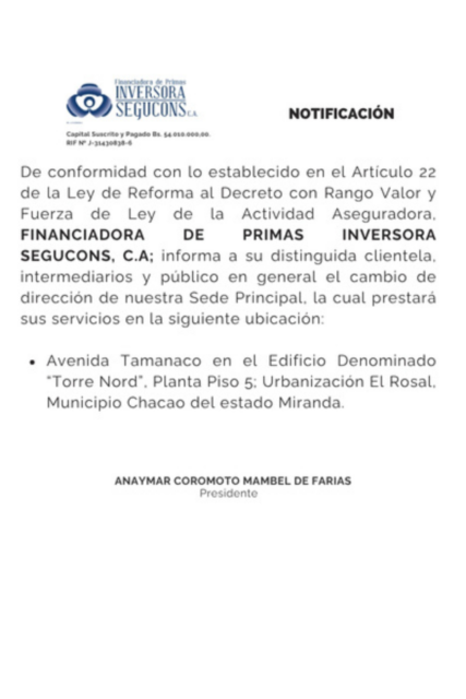 Notificación Financiadora de Primas Inversora Segucons, C.A.