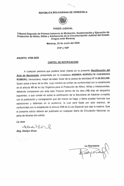 Cartel de Notificación Rectificación del Acta de Nacimiento Andrea Norvelys Casanova Romero