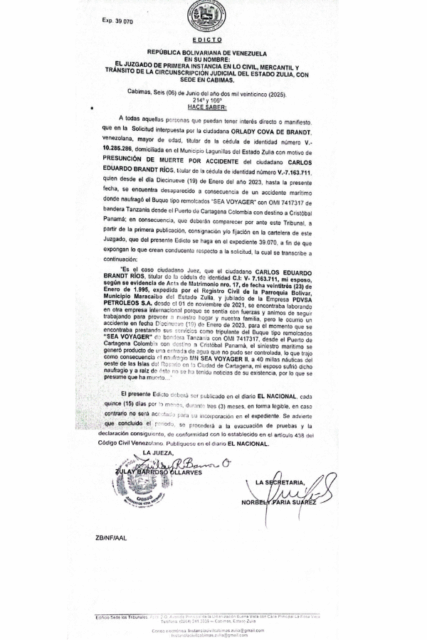 Edicto Presunción de Muerte por Accidente Orlady Cova de Brandt (2)