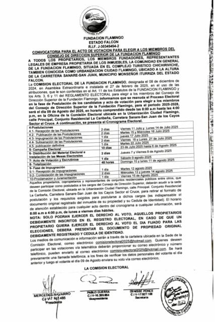 Convocatoria para el Acto de Votación para Elegir a los Miembros del Consejo de Dirección Superior de la Fundación Flamingo - Estado Falcón