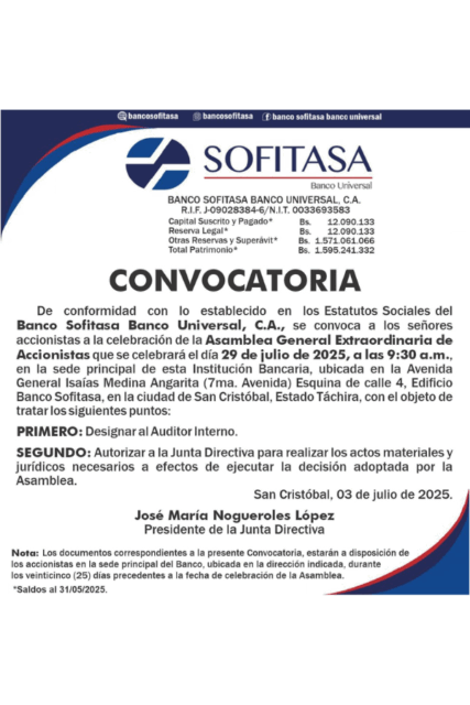 Convocatoria Asamblea General Extraordinaria de Accionistas Banco Sofitasa, Banco Universal, C.A.