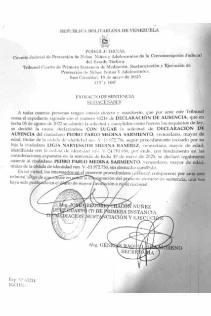Cartel Declaración de Ausencia Pedro Pablo Medina Sarmiento
