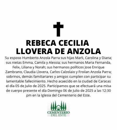 Obituario Rebeca Cecilia Llovera De Anzola