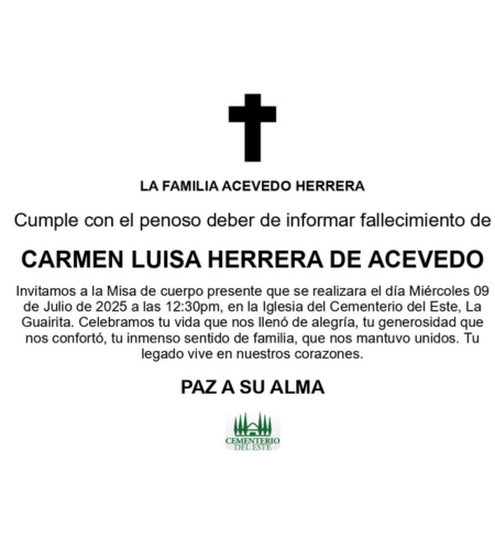 Obituario Carmen Luisa Herrera De Acevedo