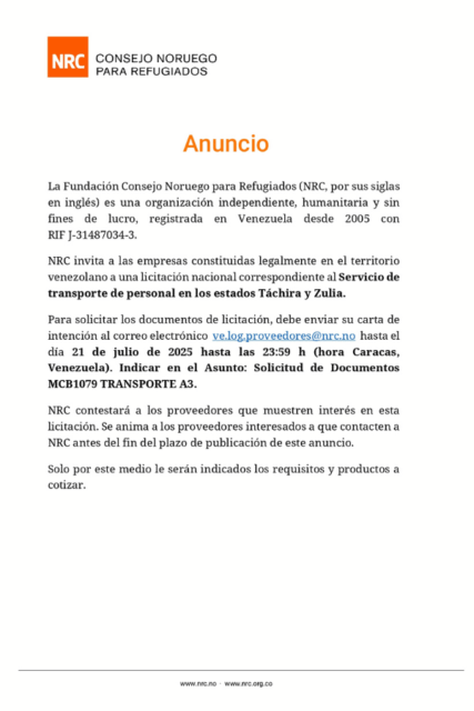 Licitación Nacional Correspondiente al Servicio de Transporte de Personal en los estados Táchira y Zulia - Consejo Noruego para Refugiados