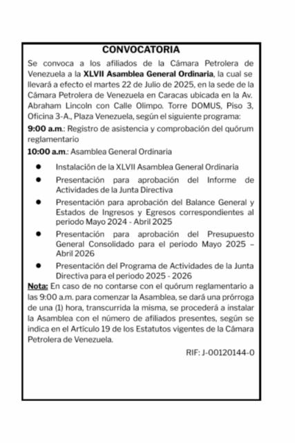 Convocatoria XLVII Asamblea General Ordinaria Cámara Petrolera de Venezuela