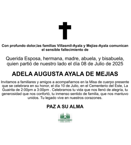 Obituario Adela Augusta Ayala De Mejías
