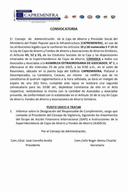 Convocatoria Asamblea Extraordinaria De Asociados Capreminfra