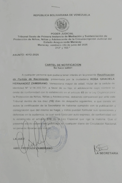 Cartel de Notificación Rectificación de Partida de Nacimiento Rosa Graciela Hernández Zambrano