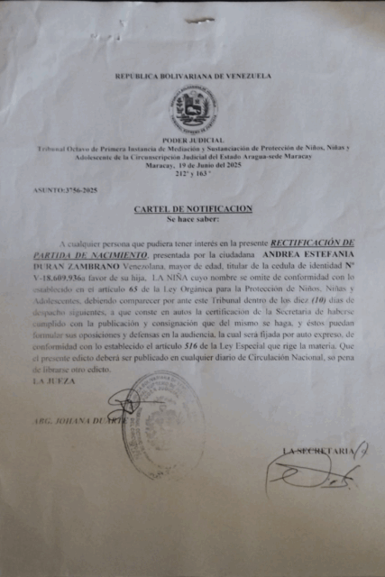 Cartel de Notificación Rectificación De Partida de Nacimiento Andrea Estefanía Durán Zambrano