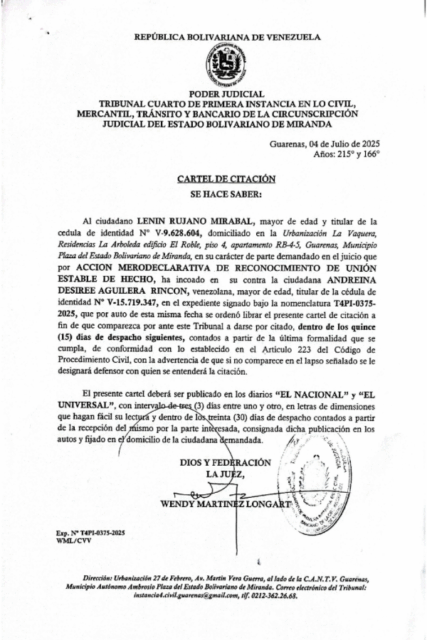 Cartel de Citación Lenin Rujano Mirabal