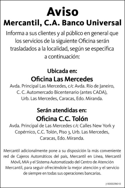 Comunicado Traslado de Oficinas Mercantil, C.A., Banco Universal