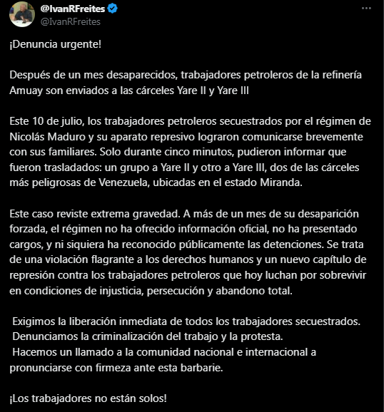 Iván Freites denuncia traslado de trabajadores petroleros. Foto: X Iván Freites