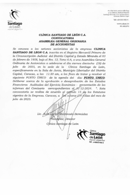 Convocatoria Asamblea General Ordinaria de Accionistas Clínica Santiago de León