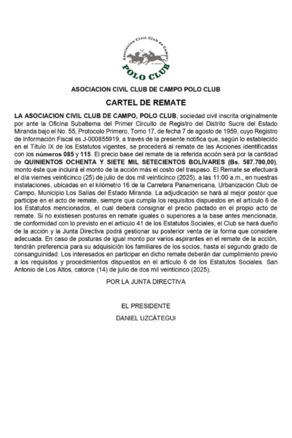 Cartel de Remate Acciones N° 085 y 115 Asociación Civil Club de Campo Polo Club