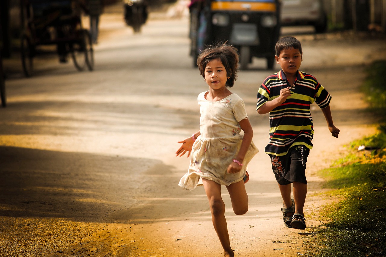children, kids, running, young girl, young boy, girl, boy, childhood, south asian, playing, outdoors, town, road, street, city, cinematic, india, south asian, cinematic, cinematic, cinematic, cinematic, cinematic
