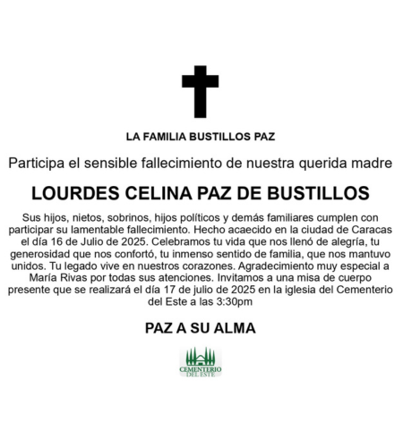Obituario Lourdes Celina Paz De Bustillos