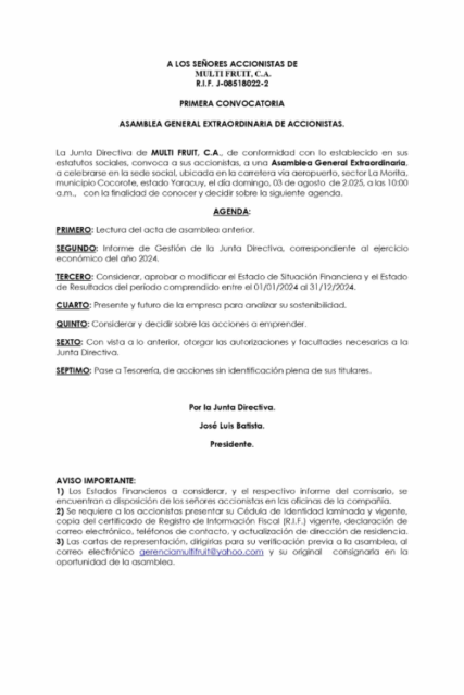 Primera Convocatoria Asamblea General Extraordinaria de Accionistas Multi Fruit, C.A.