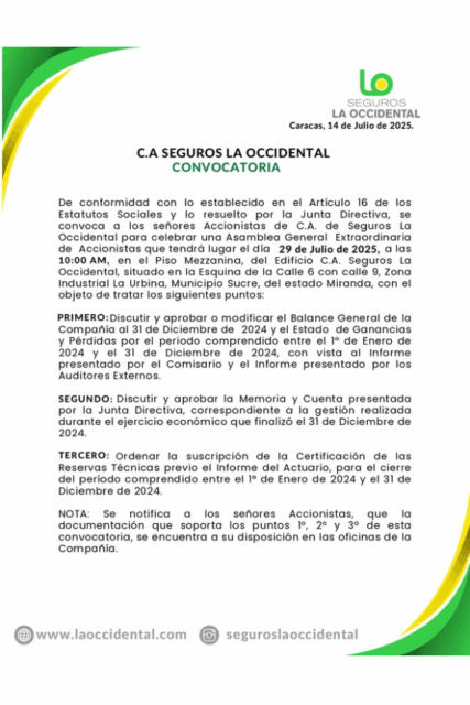 Convocatoria Asamblea General Extraordinaria C.A., de Seguros La Occidental