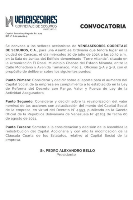Convocatoria Asamblea Ordinaria Veneasesores Corretaje de Seguros, C.A.