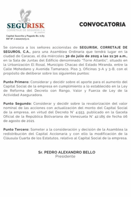 Convocatoria Asamblea Ordinaria Segurisk, Corretaje de Seguros, C.A.