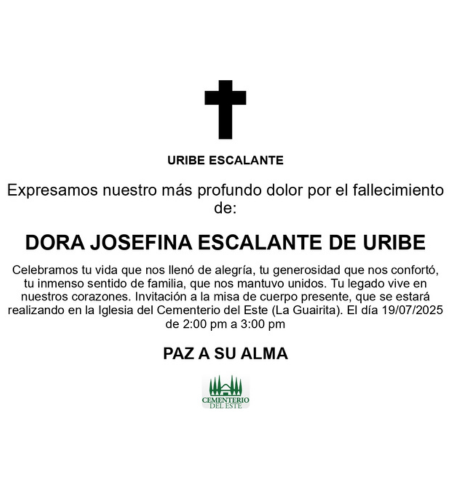 Obituario Dora Josefina Escalante De Uribe