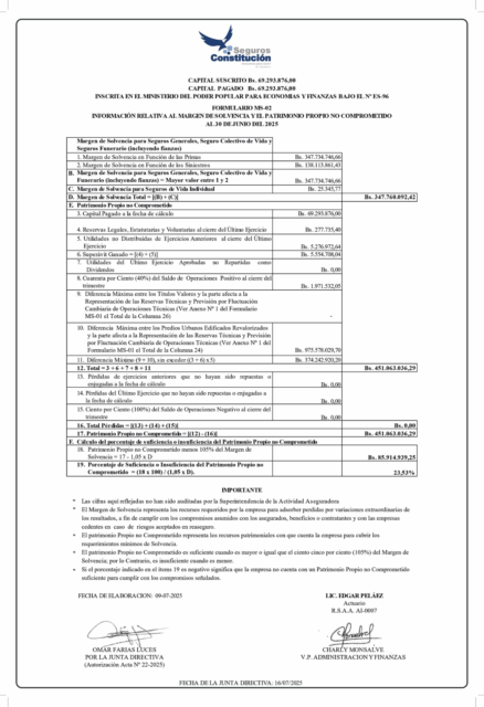 Margen de Solvencia Junio 2025 Seguros Constitución