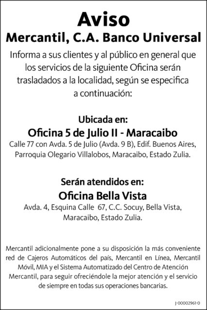 Comunicado Traslado de Oficinas Mercantil, C.A. Banco Universal
