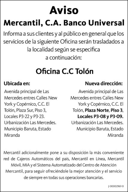 Comunicado Traslado de Oficina Mercantil, C.A. Banco Universal