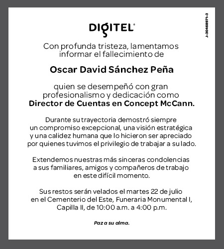 Obituario Óscar David Sánchez Peña