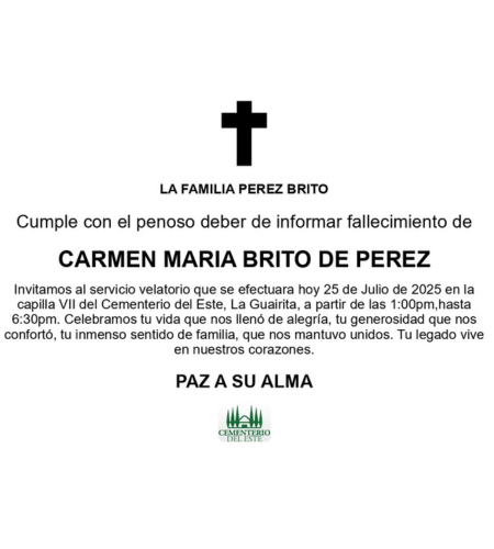 Obituario Carmen María Brito De Pérez